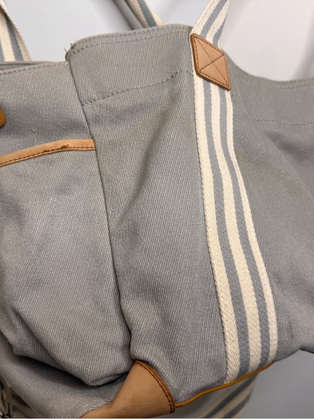 Pottery Barn Kids Gray Canvas Stripe Tote with Tan Leather Trim - Picture 2 of 6